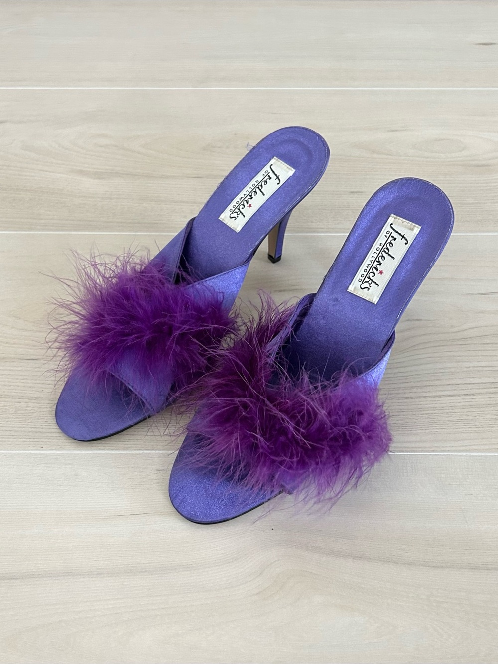 purple frederick’s of hollywood fuzzy heels